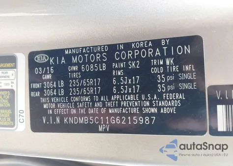 2016 Kia Sedona Lx z USA, uszkodzony, nr VIN KNDMB5C11G6215987